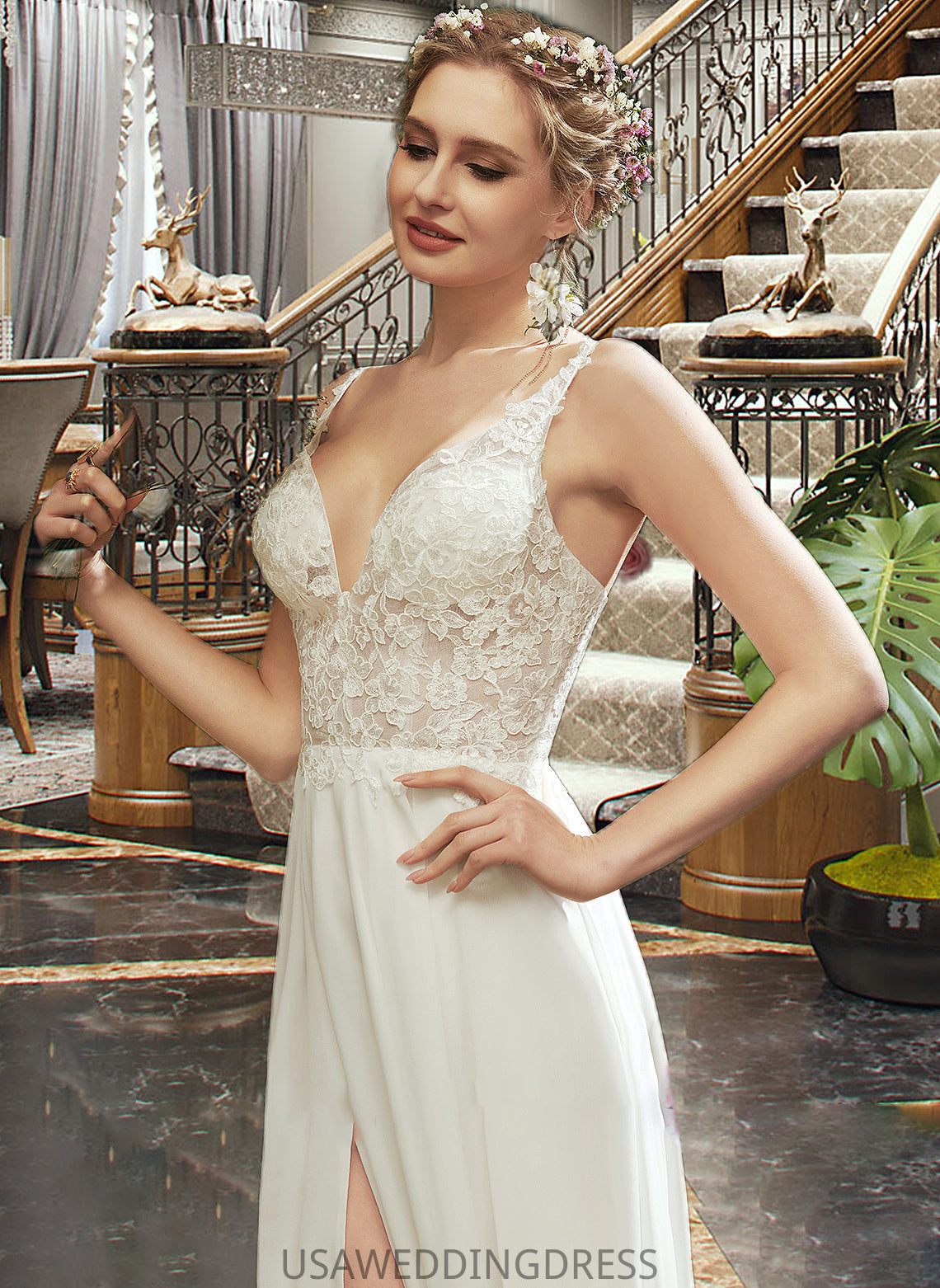Kenya A-Line V-neck Floor-Length Wedding Dress With Lace Split Front DSP0013815