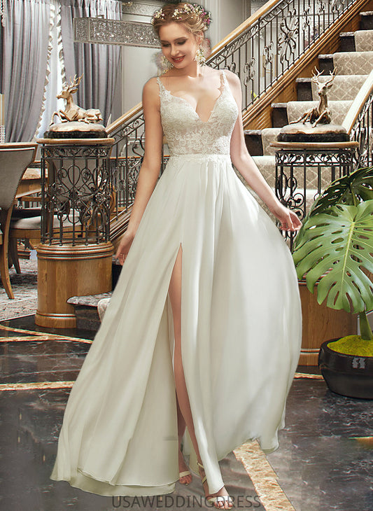 Kenya A-Line V-neck Floor-Length Wedding Dress With Lace Split Front DSP0013815