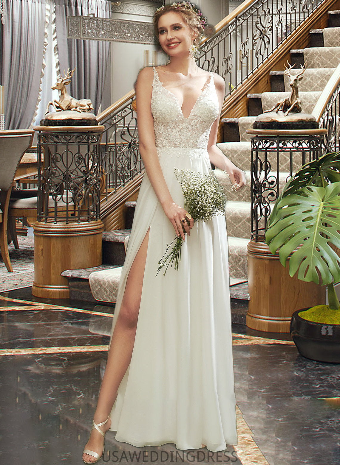 Kenya A-Line V-neck Floor-Length Wedding Dress With Lace Split Front DSP0013815