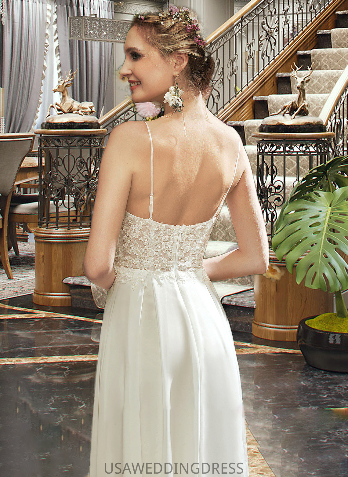 Kenya A-Line V-neck Floor-Length Wedding Dress With Lace Split Front DSP0013815