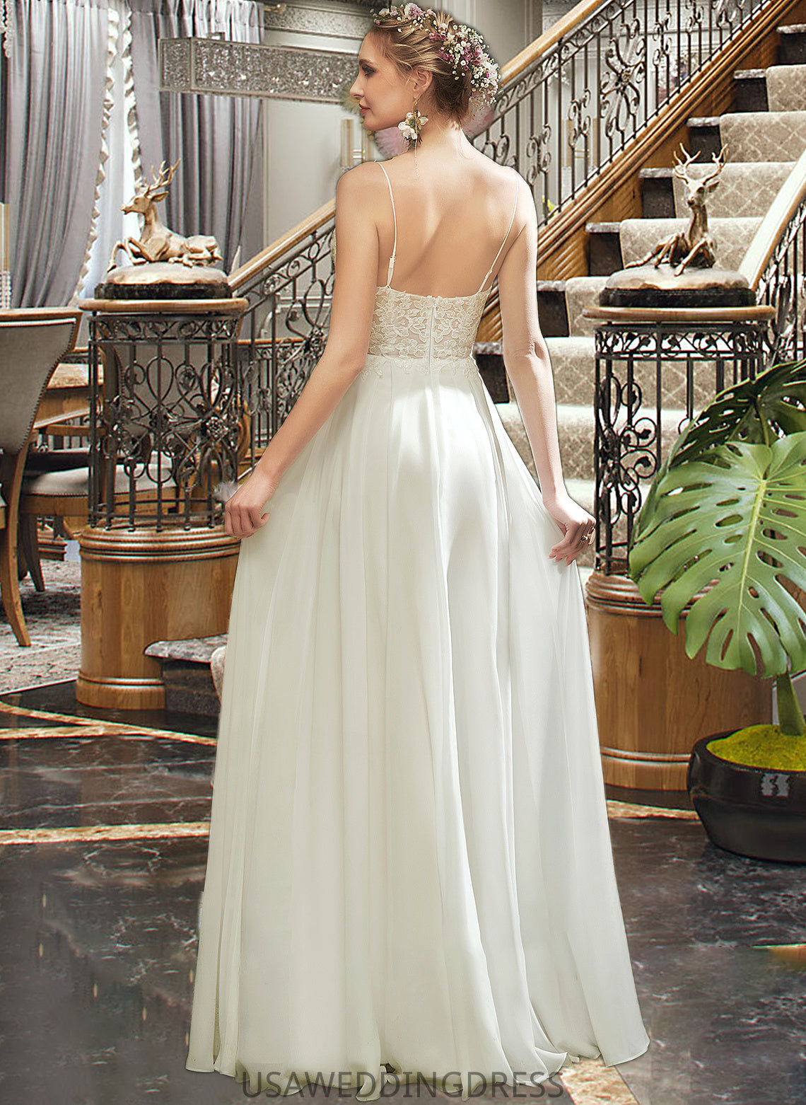 Kenya A-Line V-neck Floor-Length Wedding Dress With Lace Split Front DSP0013815