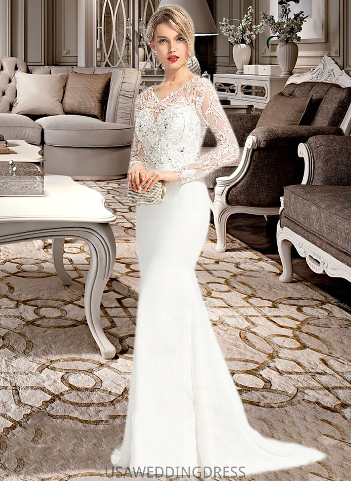 Shea Trumpet/Mermaid V-neck Sweep Train Stretch Crepe Wedding Dress With Beading Sequins DSP0013816
