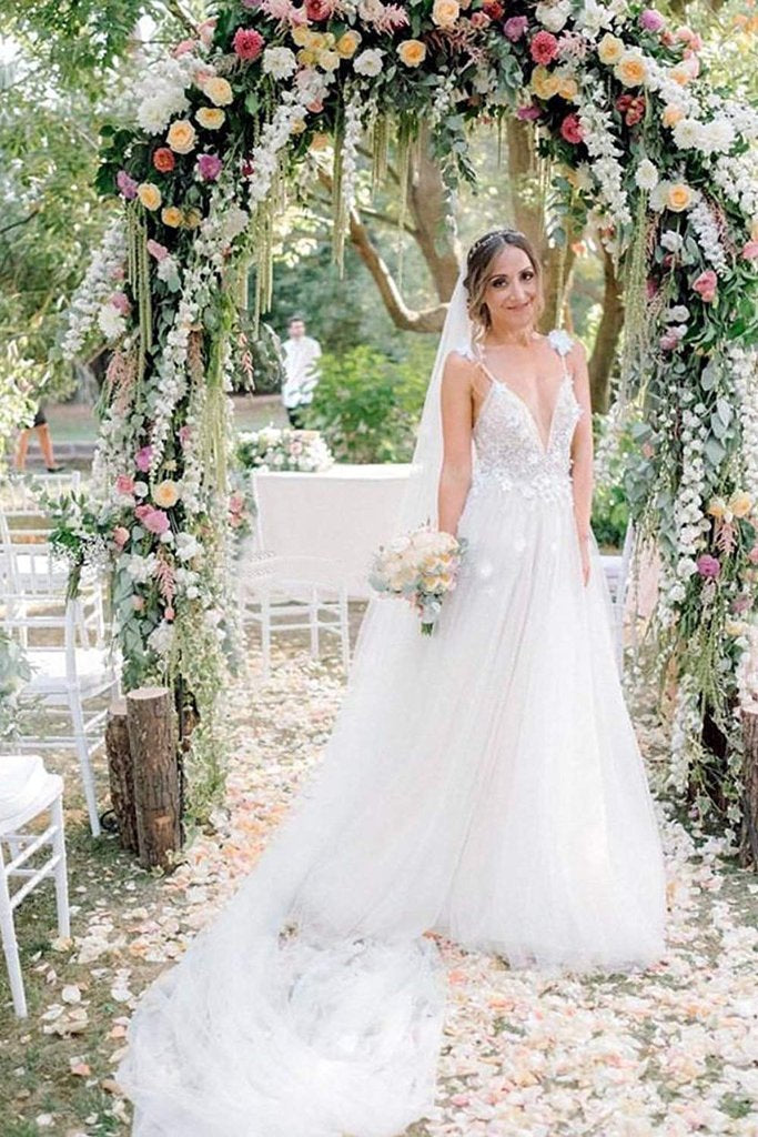 A Line Deep V Neck Spaghetti Straps Beads Backless Handmade Flower Wedding Dresses RS328
