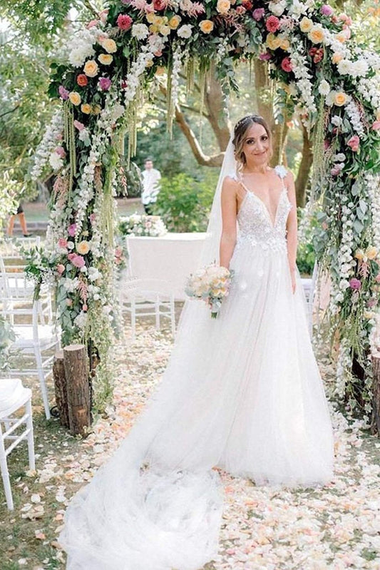 A Line Deep V Neck Spaghetti Straps Beads Backless Handmade Flower Wedding Dresses RS328
