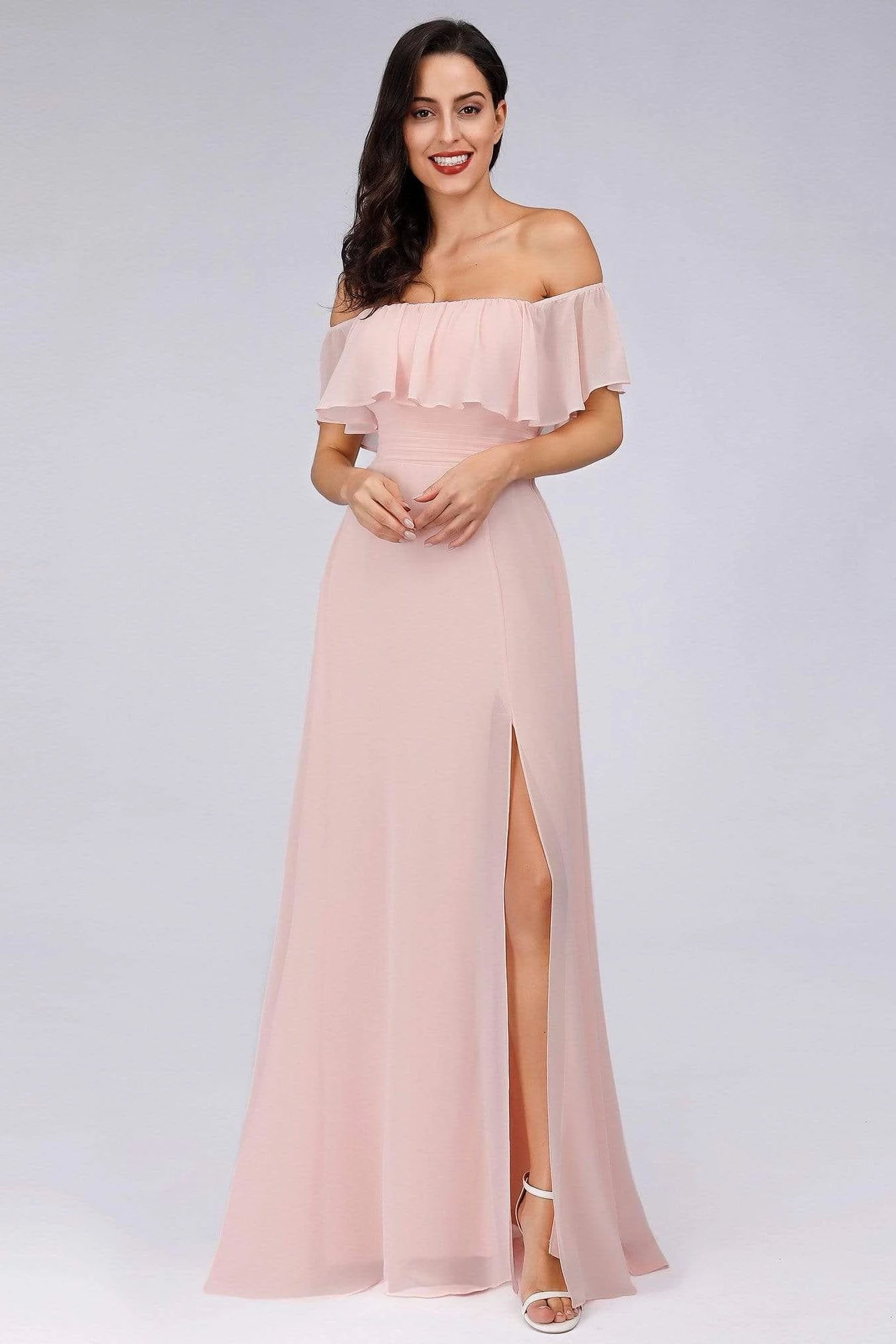 Charming Off Shoulder Ruffle Pink Chiffon Long Prom Dresses Bridesmaid Dresses SRS15114