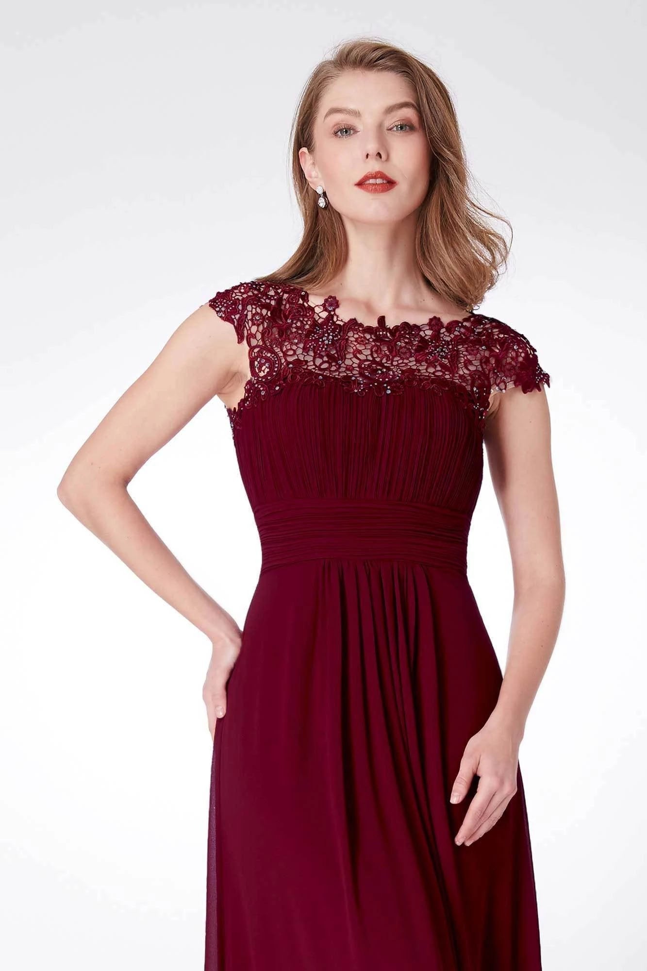 Elegant A Line Cap Sleeve Burgundy Lace Prom Dresses with Chiffon, Bridesmaid Dresses SRS15145