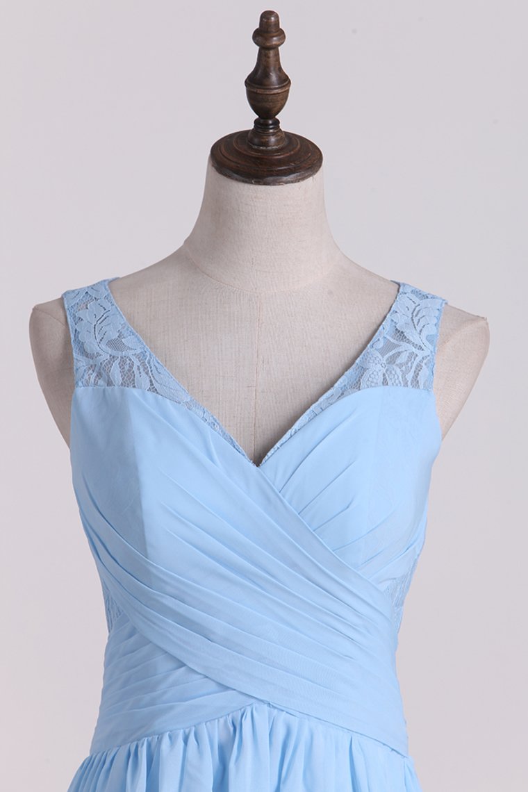 2024 A Line V Neck Chiffon & Lace Bridesmaid Dresses Floor Length