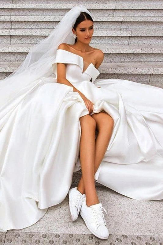 Ball Gown Off the Shoulder White Satin Wedding Dresses, Simple Cheap Wedding Gowns SRS15065