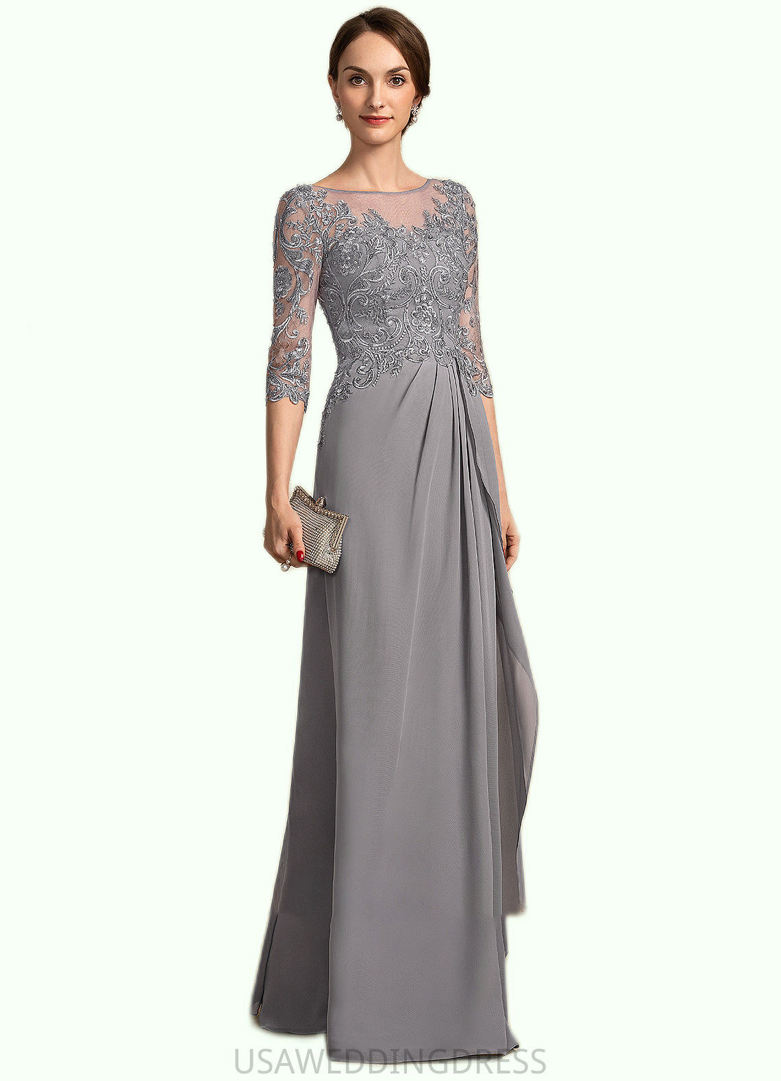 LuLu A-Line Scoop Neck Floor-Length Chiffon Lace Mother of the Bride Dress With Beading Sequins Cascading Ruffles DS126P0014529