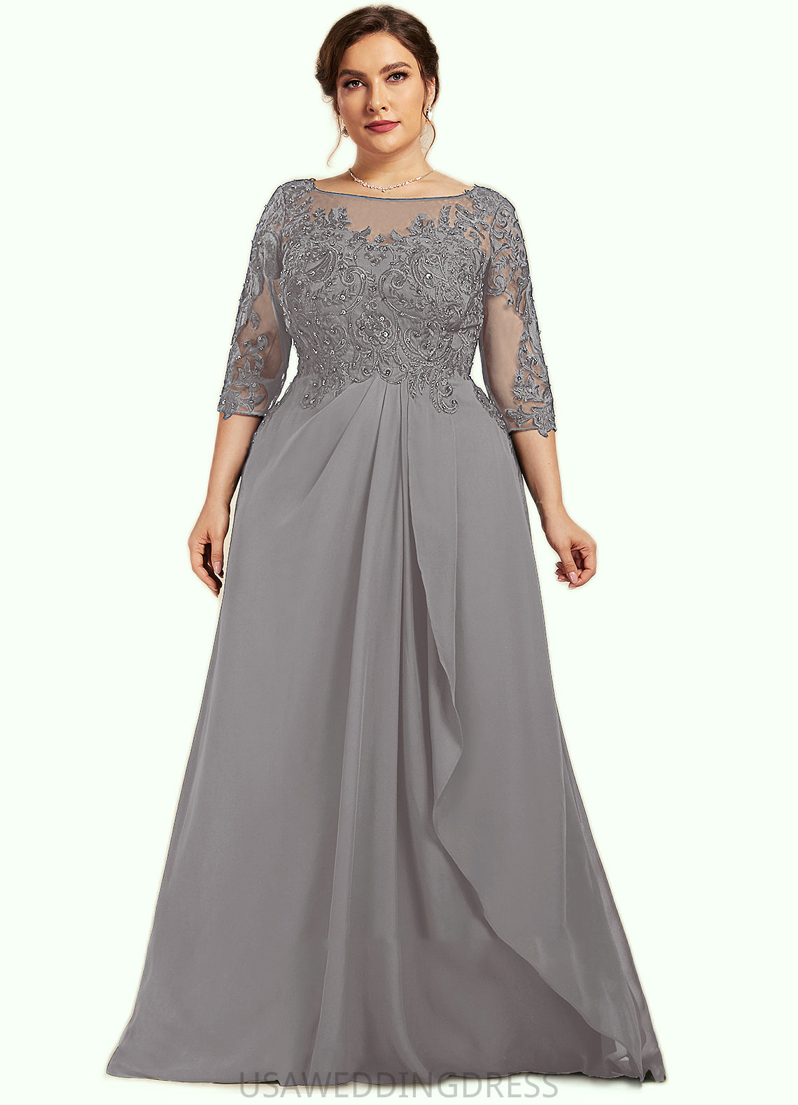 LuLu A-Line Scoop Neck Floor-Length Chiffon Lace Mother of the Bride Dress With Beading Sequins Cascading Ruffles DS126P0014529