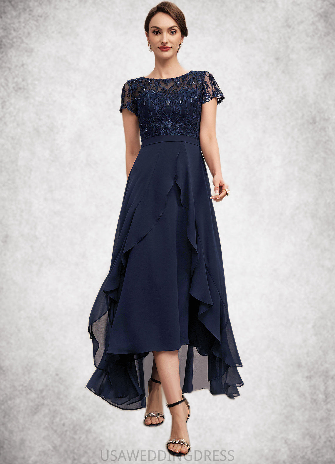 Nola A-Line Scoop Neck Asymmetrical Chiffon Lace Mother of the Bride Dress With Sequins Bow(s) Cascading Ruffles DS126P0014530