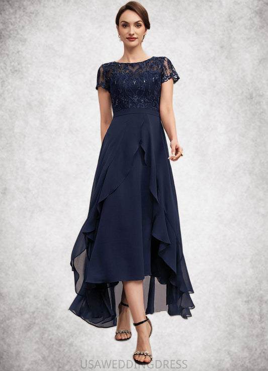 Nola A-Line Scoop Neck Asymmetrical Chiffon Lace Mother of the Bride Dress With Sequins Bow(s) Cascading Ruffles DS126P0014530
