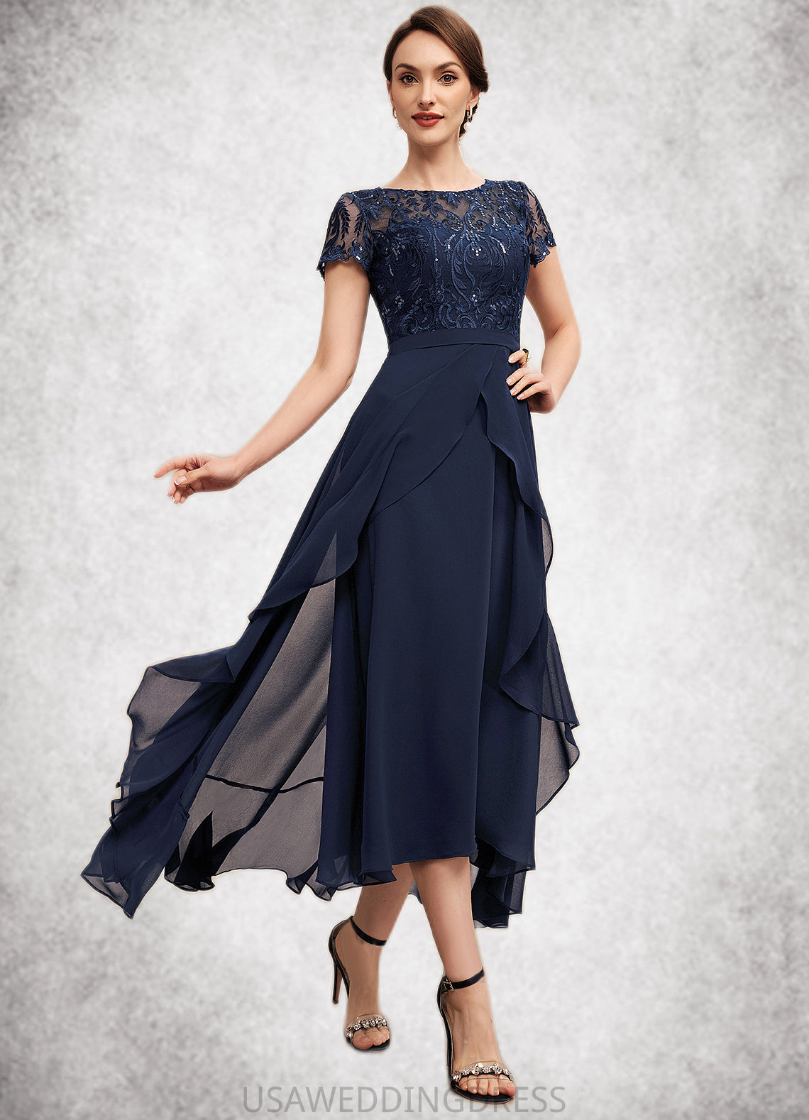Nola A-Line Scoop Neck Asymmetrical Chiffon Lace Mother of the Bride Dress With Sequins Bow(s) Cascading Ruffles DS126P0014530