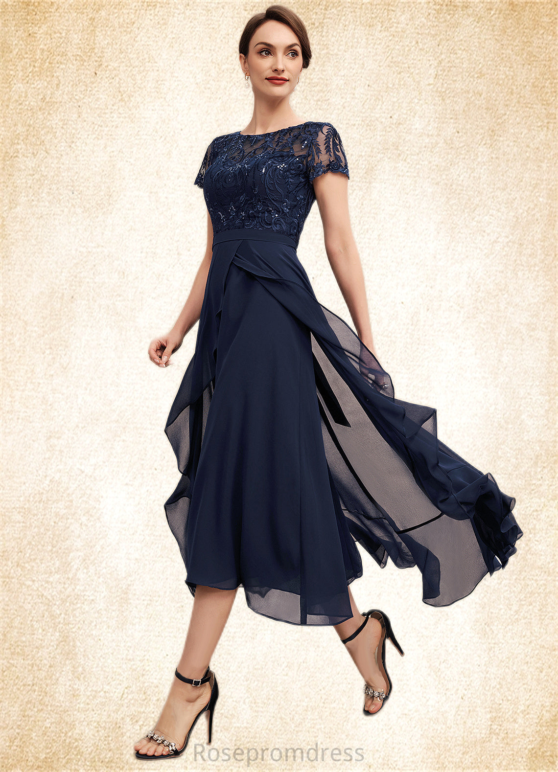 Urania A-Line Scoop Neck Asymmetrical Chiffon Lace Mother of the Bride Dress With Sequins Bow(s) Cascading Ruffles SRSP0014530