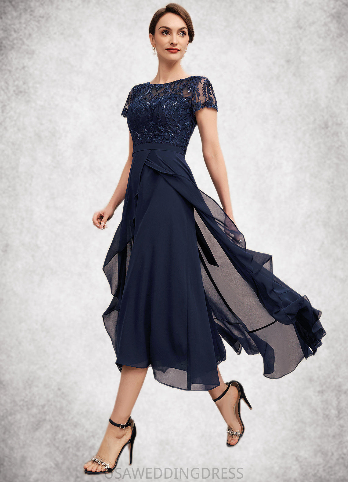 Nola A-Line Scoop Neck Asymmetrical Chiffon Lace Mother of the Bride Dress With Sequins Bow(s) Cascading Ruffles DS126P0014530