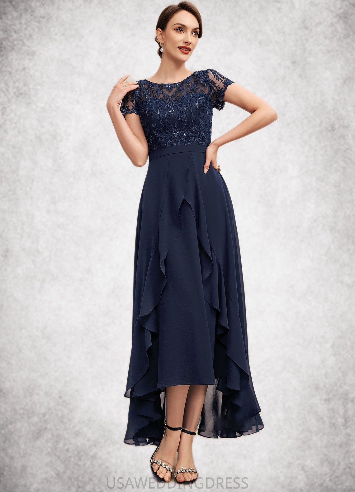 Nola A-Line Scoop Neck Asymmetrical Chiffon Lace Mother of the Bride Dress With Sequins Bow(s) Cascading Ruffles DS126P0014530