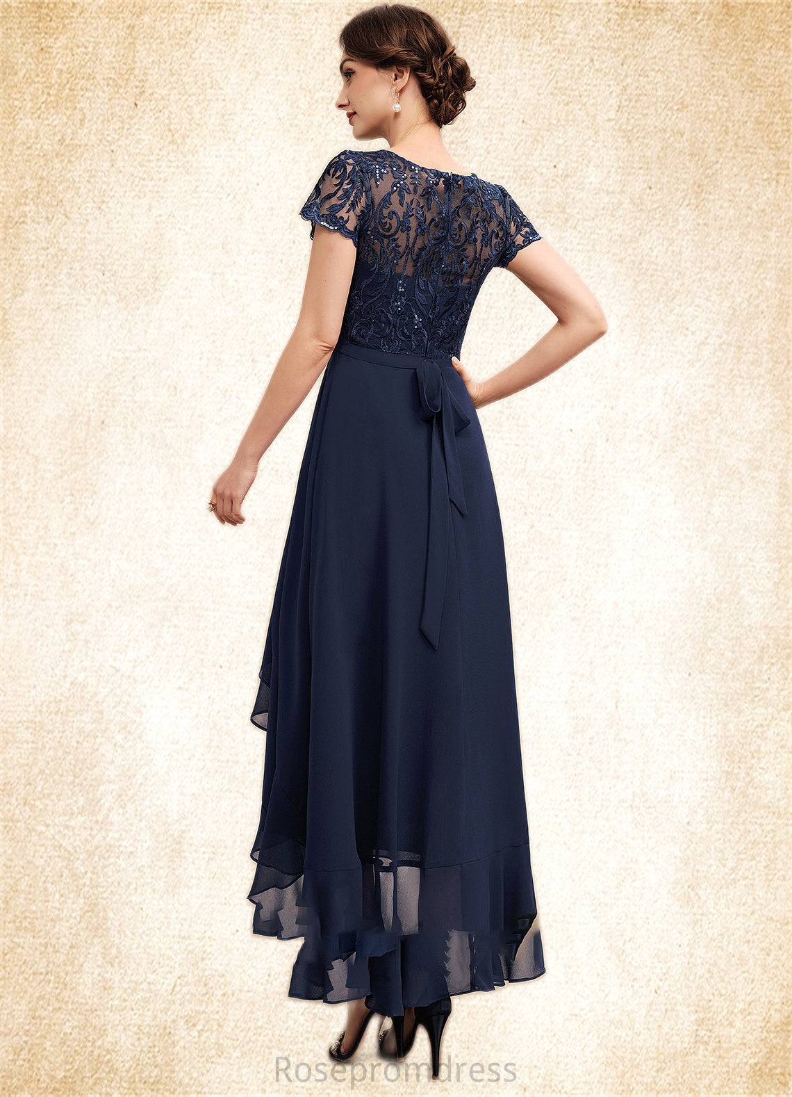 Urania A-Line Scoop Neck Asymmetrical Chiffon Lace Mother of the Bride Dress With Sequins Bow(s) Cascading Ruffles SRSP0014530