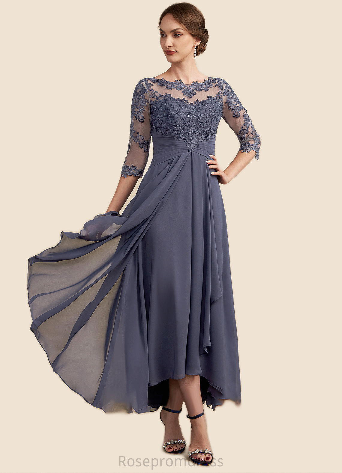Aubree A-Line Scoop Neck Asymmetrical Chiffon Lace Mother of the Bride Dress With Ruffle SRSP0014531