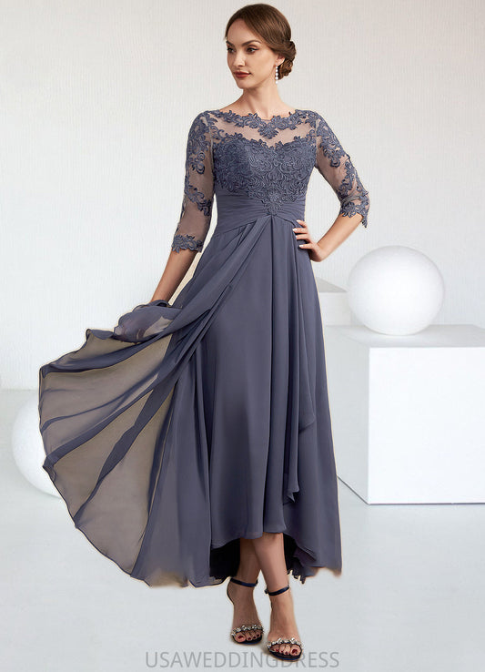 Madalynn A-Line Scoop Neck Asymmetrical Chiffon Lace Mother of the Bride Dress With Ruffle DS126P0014531