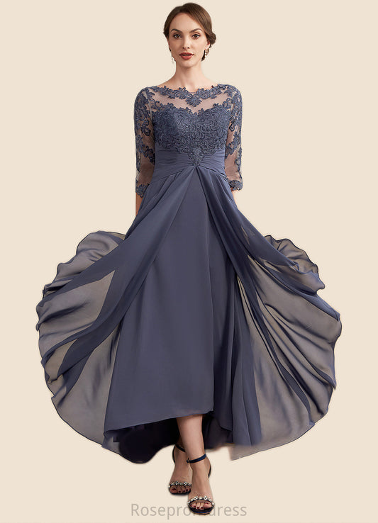 Aubree A-Line Scoop Neck Asymmetrical Chiffon Lace Mother of the Bride Dress With Ruffle SRSP0014531