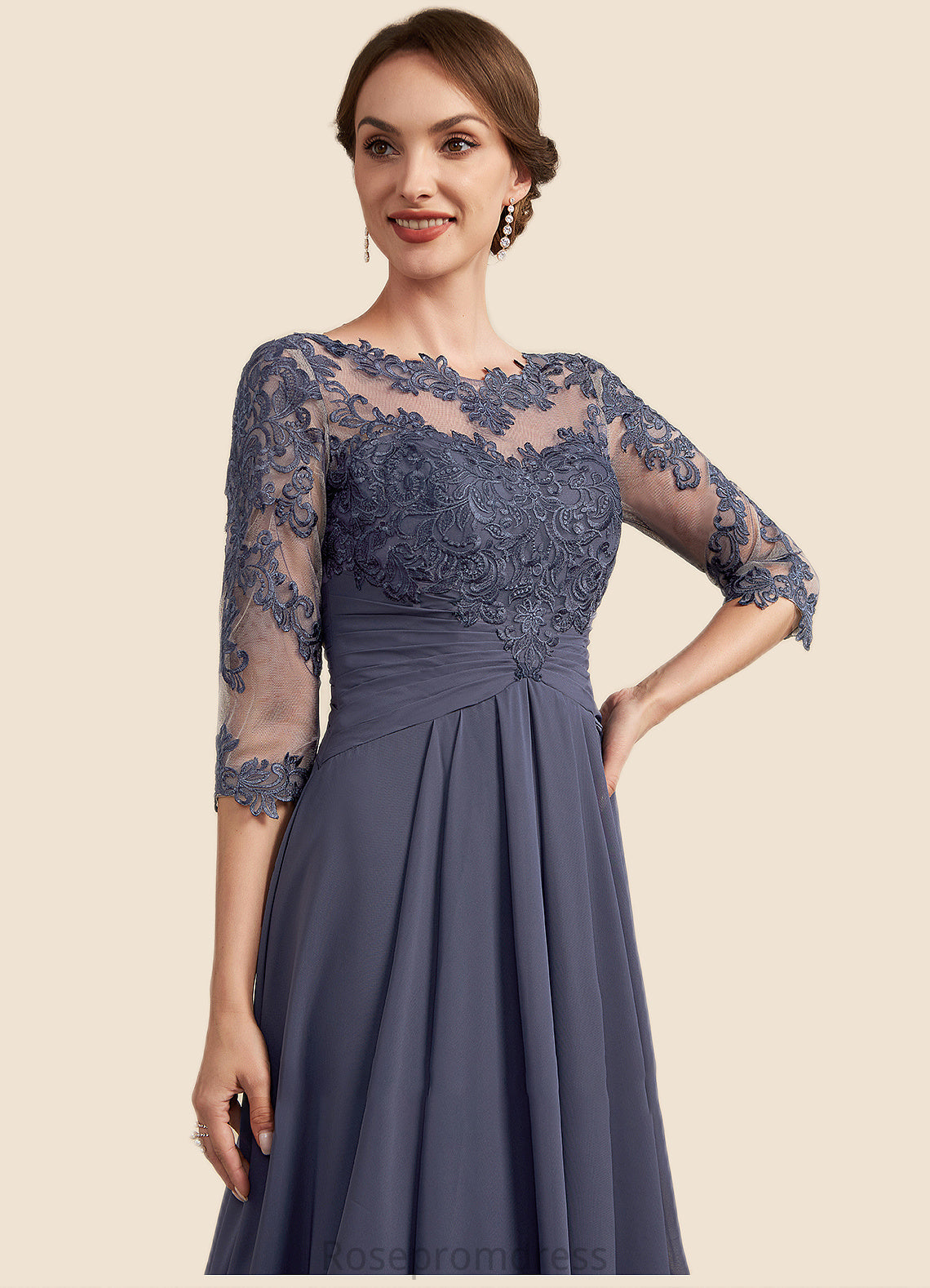 Aubree A-Line Scoop Neck Asymmetrical Chiffon Lace Mother of the Bride Dress With Ruffle SRSP0014531