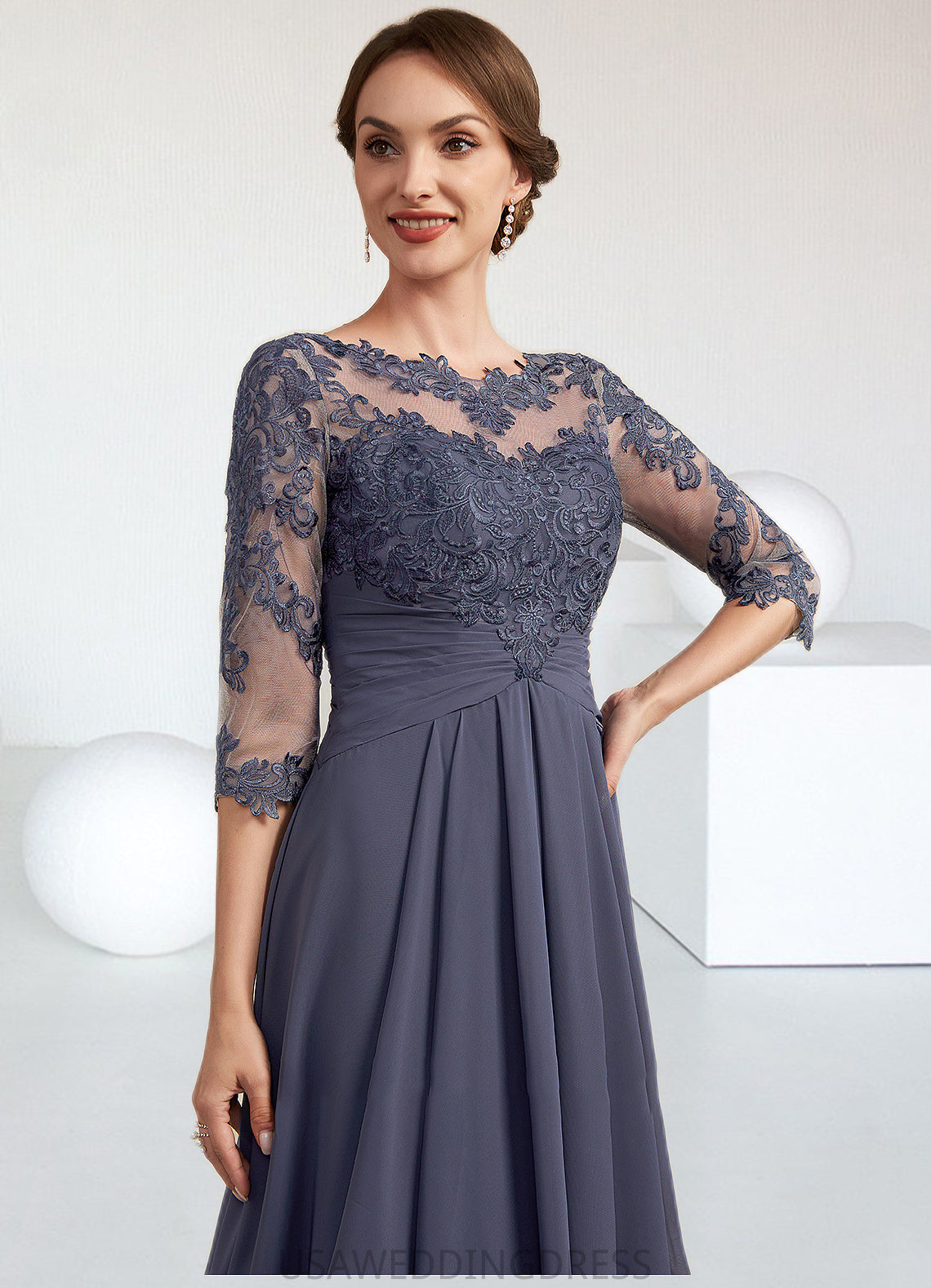 Madalynn A-Line Scoop Neck Asymmetrical Chiffon Lace Mother of the Bride Dress With Ruffle DS126P0014531