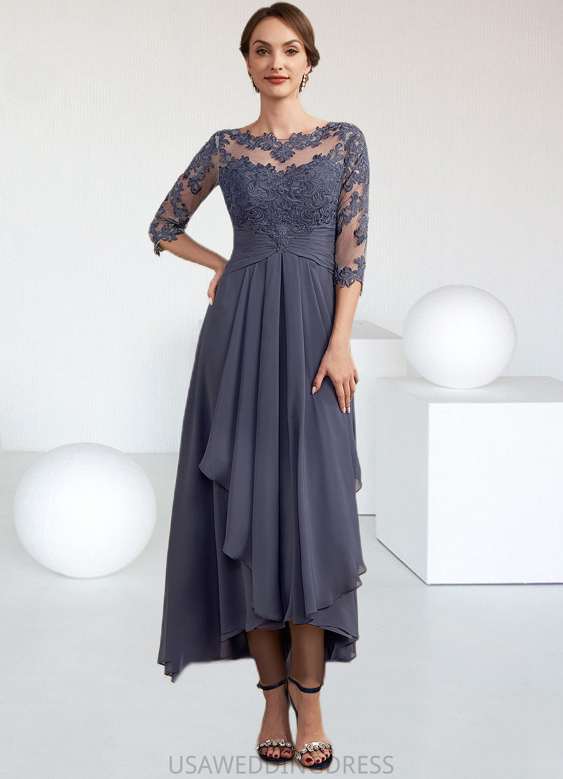 Madalynn A-Line Scoop Neck Asymmetrical Chiffon Lace Mother of the Bride Dress With Ruffle DS126P0014531