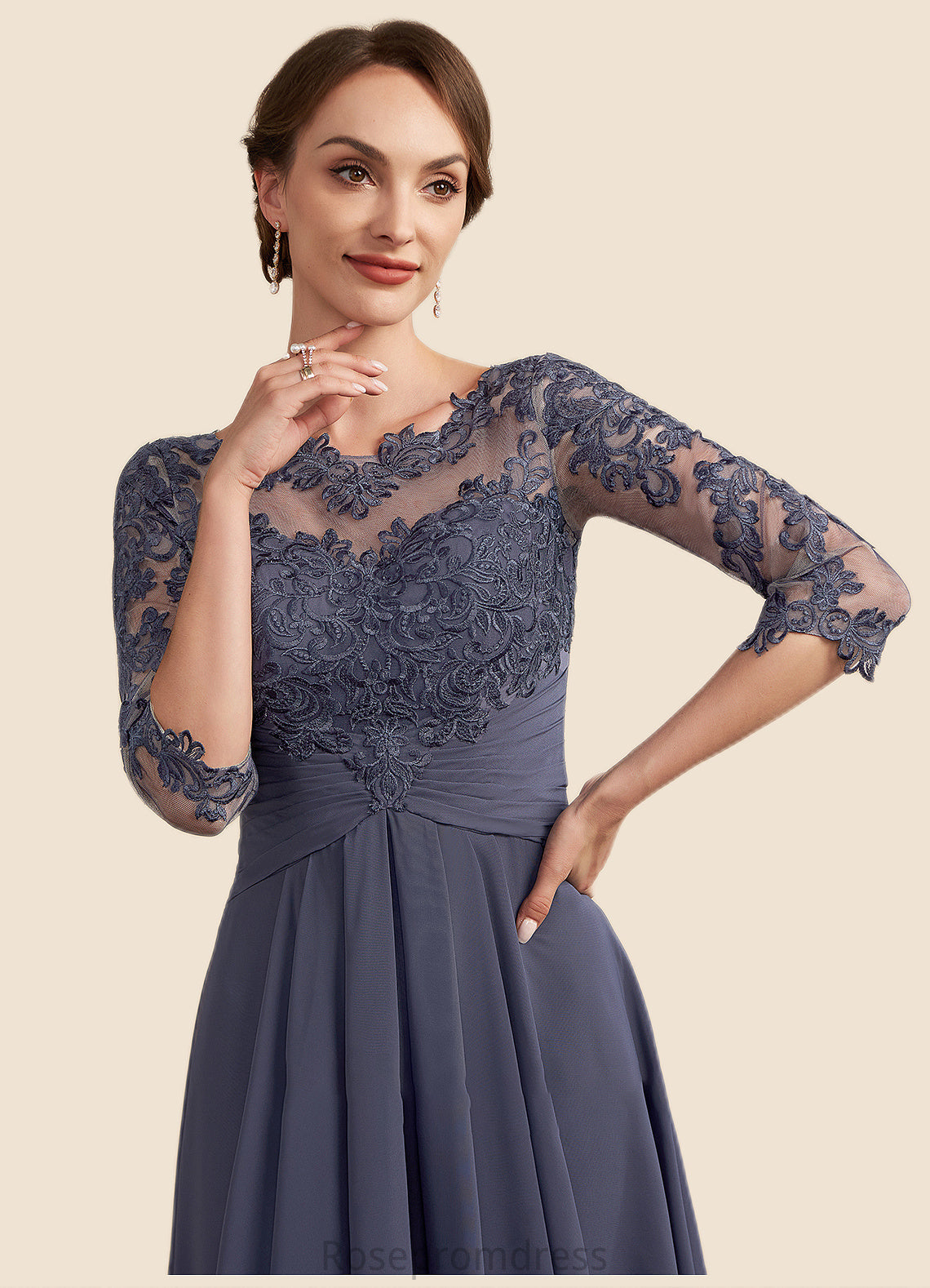 Aubree A-Line Scoop Neck Asymmetrical Chiffon Lace Mother of the Bride Dress With Ruffle SRSP0014531