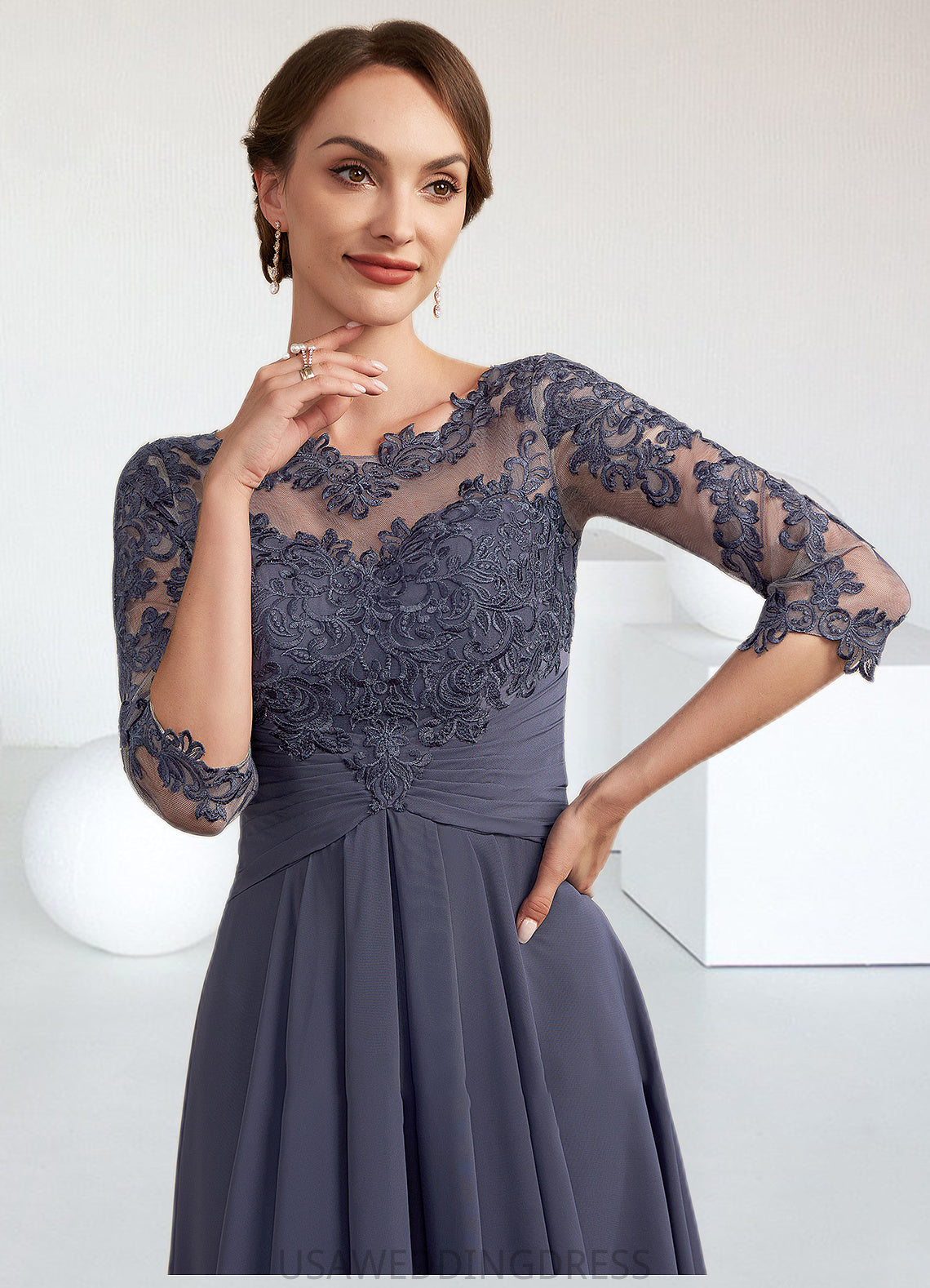 Madalynn A-Line Scoop Neck Asymmetrical Chiffon Lace Mother of the Bride Dress With Ruffle DS126P0014531