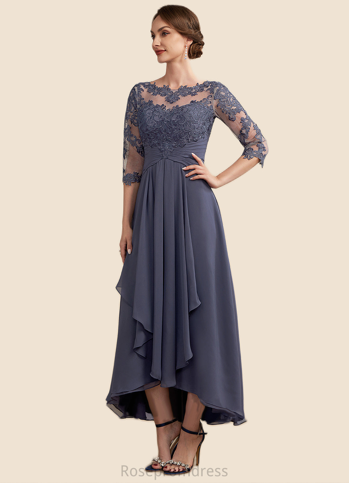 Aubree A-Line Scoop Neck Asymmetrical Chiffon Lace Mother of the Bride Dress With Ruffle SRSP0014531