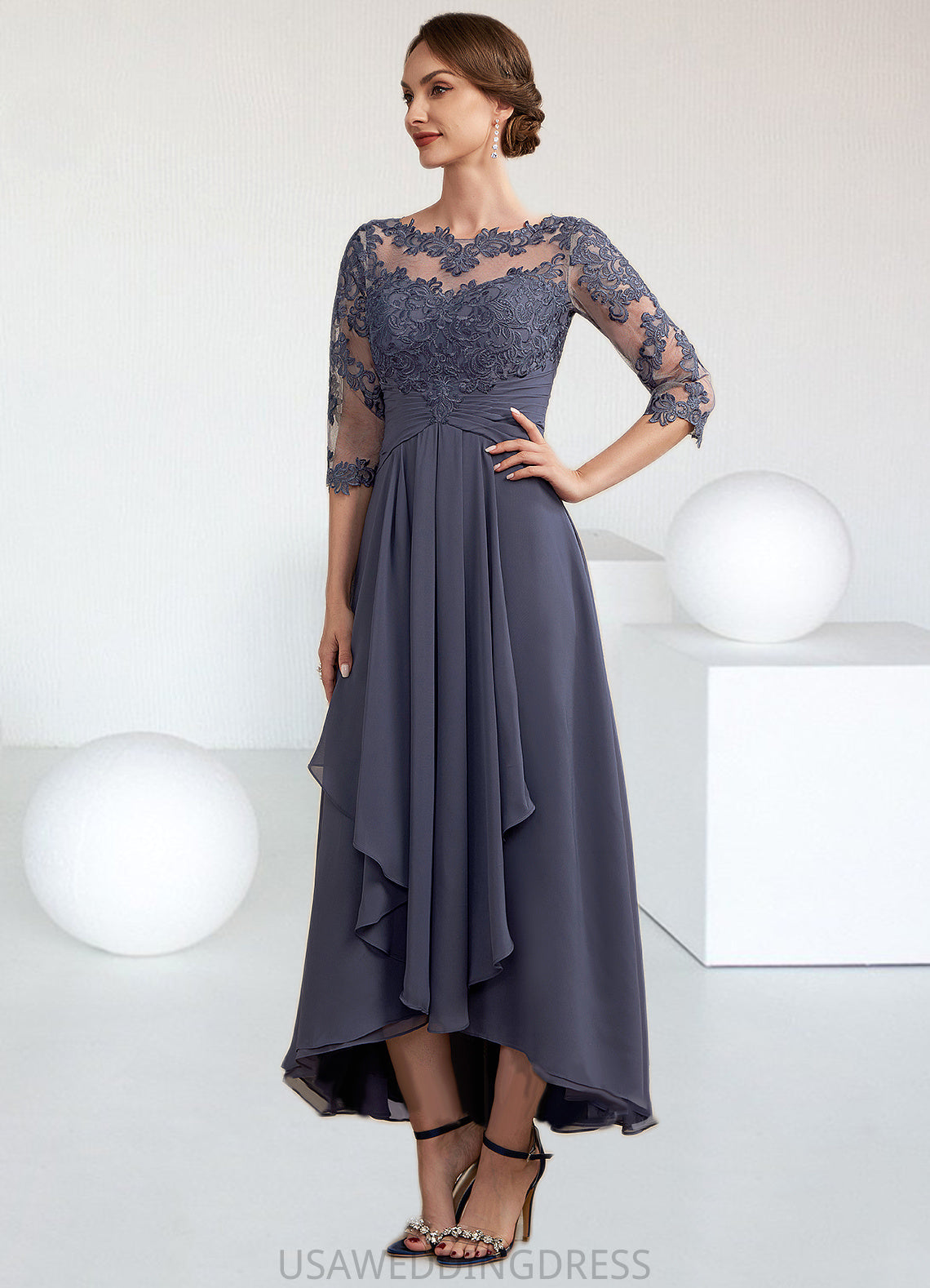 Madalynn A-Line Scoop Neck Asymmetrical Chiffon Lace Mother of the Bride Dress With Ruffle DS126P0014531