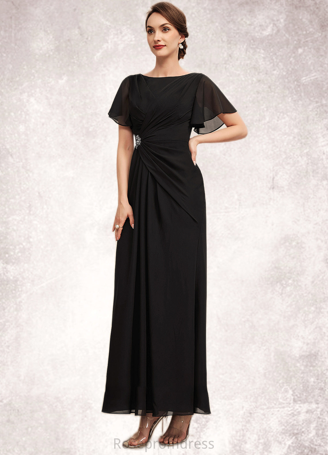 Sophia A-Line Scoop Neck Ankle-Length Chiffon Mother of the Bride Dress With Ruffle Beading SRSP0014533