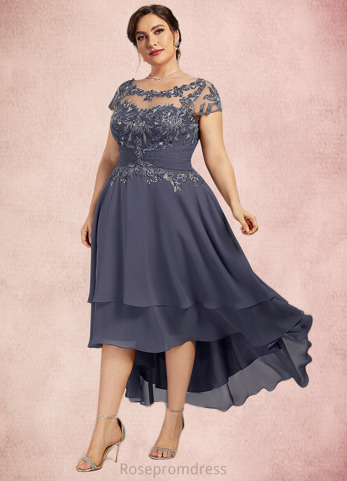 Micaela A-Line Scoop Neck Asymmetrical Chiffon Lace Mother of the Bride Dress With Beading SRSP0014534