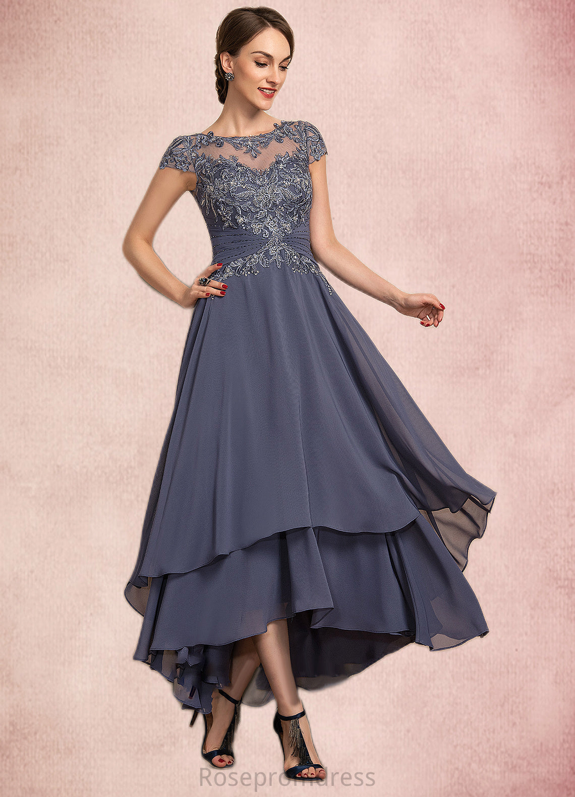 Micaela A-Line Scoop Neck Asymmetrical Chiffon Lace Mother of the Bride Dress With Beading SRSP0014534