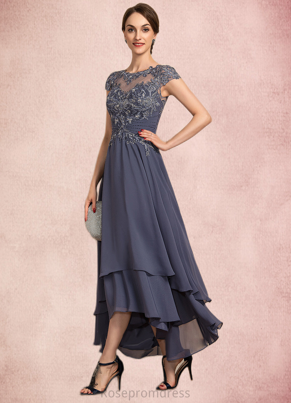 Micaela A-Line Scoop Neck Asymmetrical Chiffon Lace Mother of the Bride Dress With Beading SRSP0014534