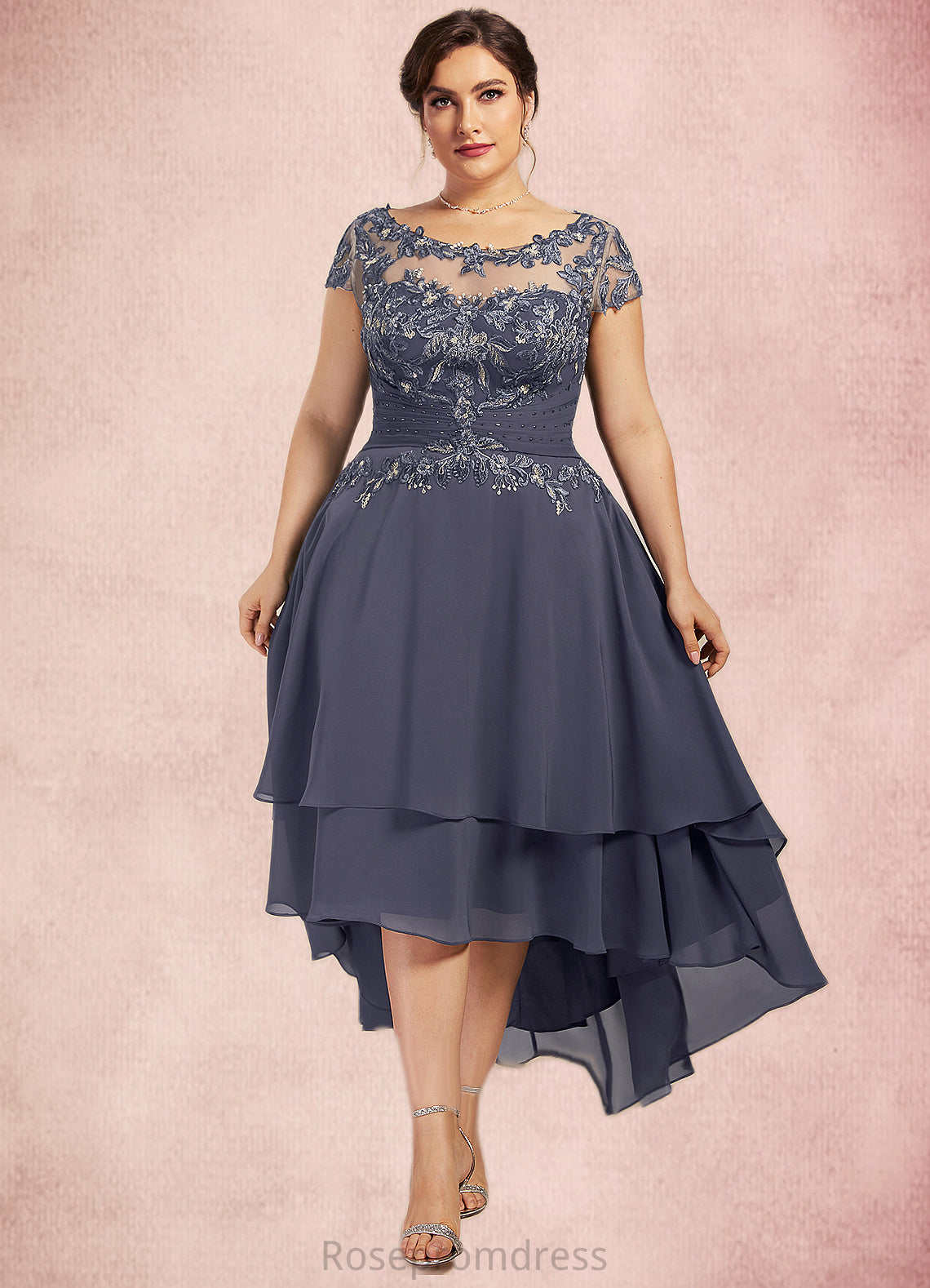 Micaela A-Line Scoop Neck Asymmetrical Chiffon Lace Mother of the Bride Dress With Beading SRSP0014534