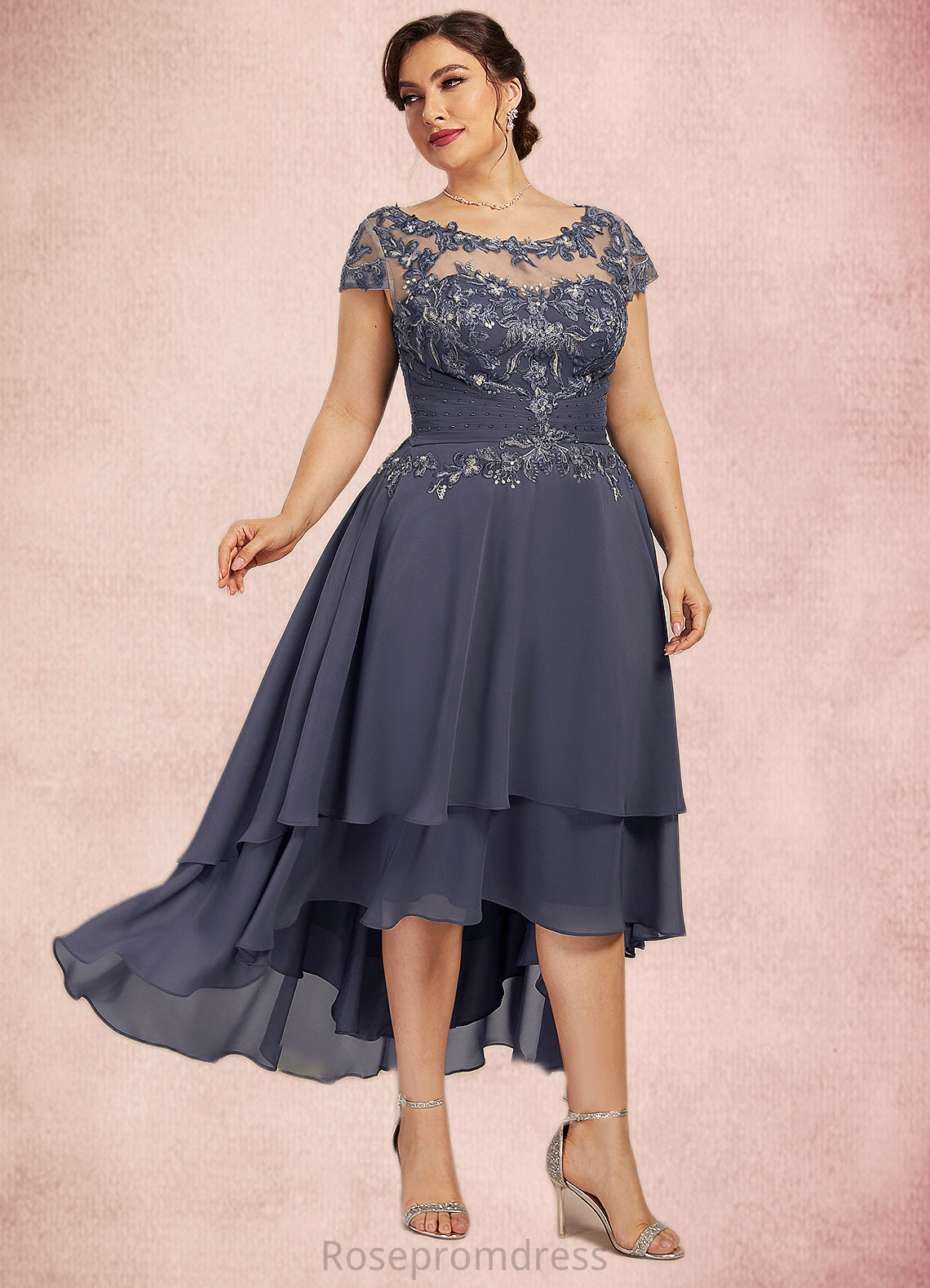 Micaela A-Line Scoop Neck Asymmetrical Chiffon Lace Mother of the Bride Dress With Beading SRSP0014534