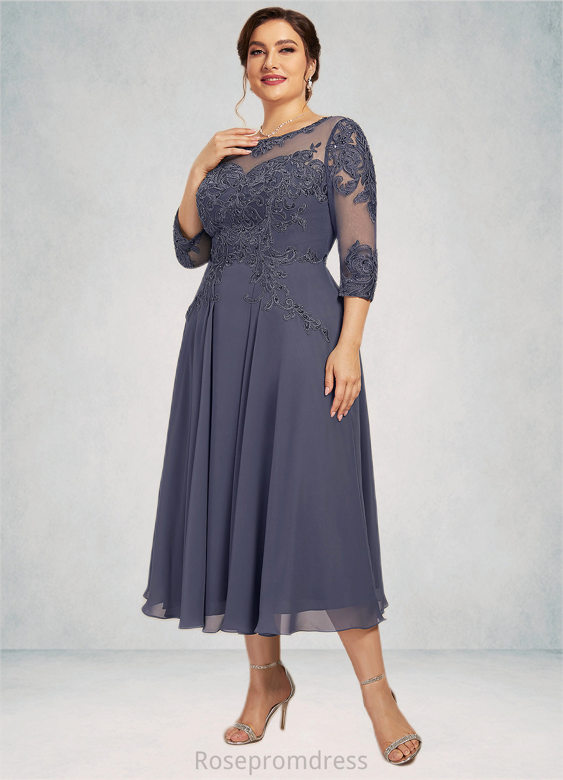 Alice A-Line Scoop Neck Tea-Length Chiffon Lace Mother of the Bride Dress With Beading Sequins SRSP0014535