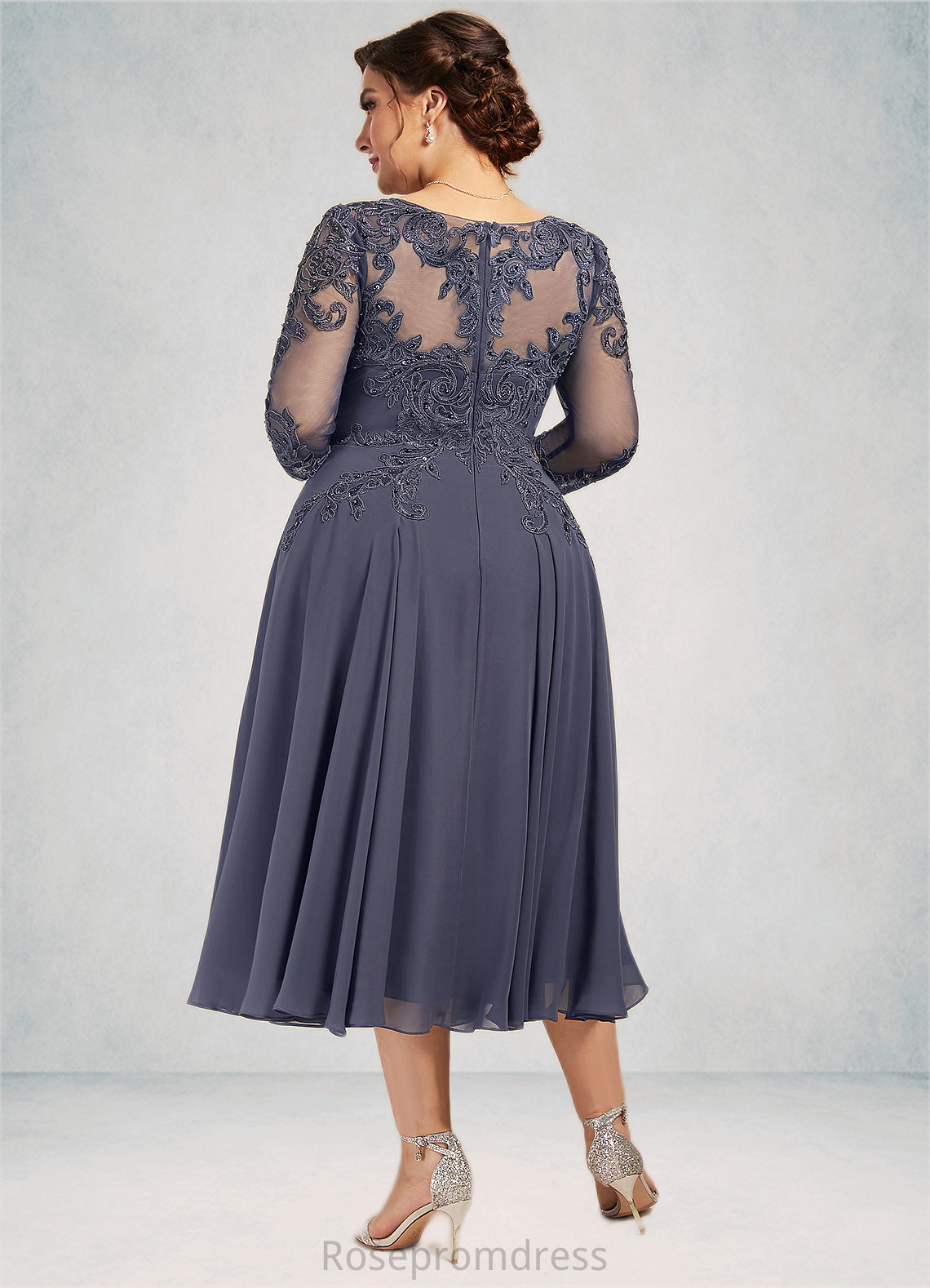 Alice A-Line Scoop Neck Tea-Length Chiffon Lace Mother of the Bride Dress With Beading Sequins SRSP0014535