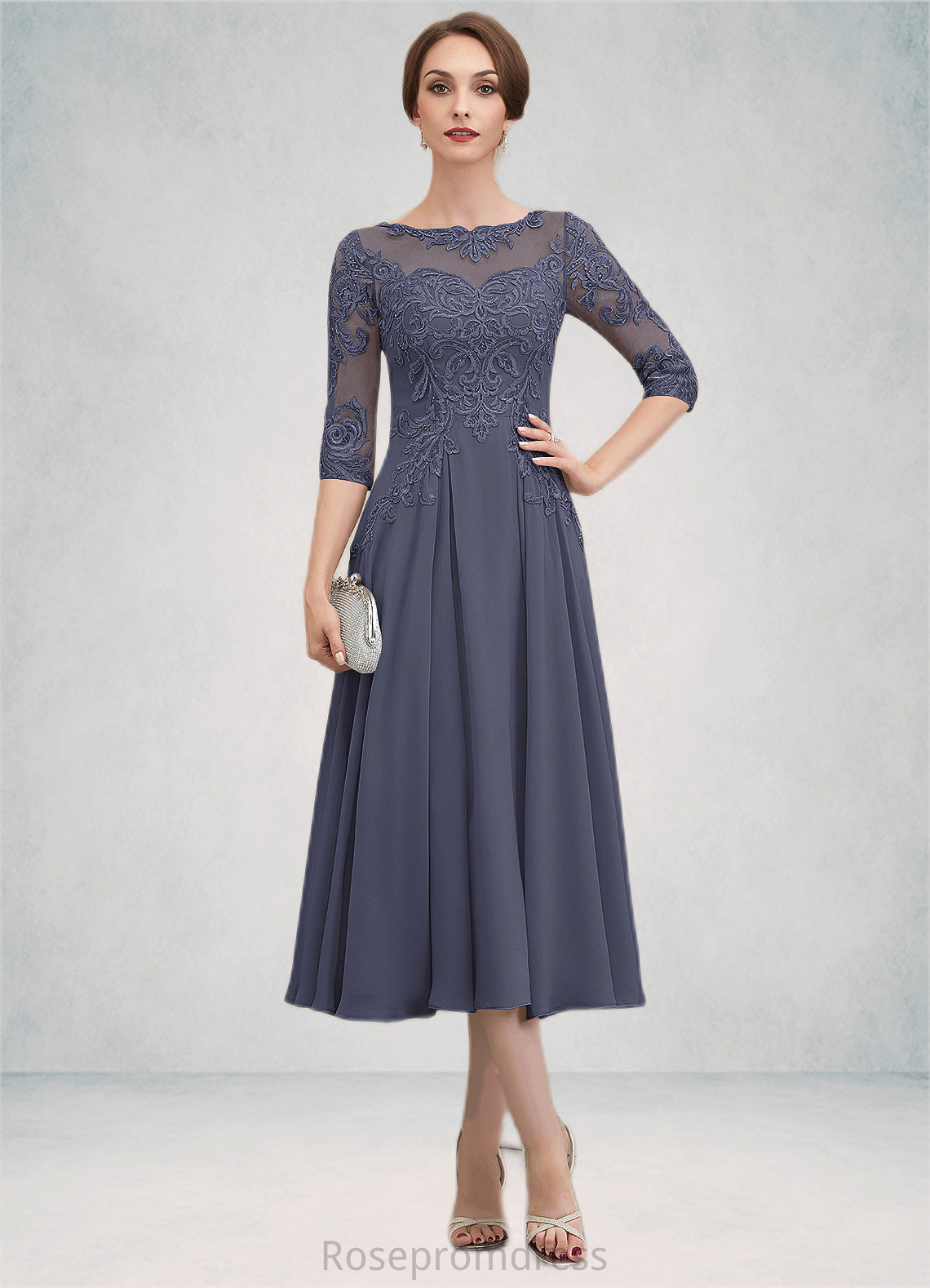 Alice A-Line Scoop Neck Tea-Length Chiffon Lace Mother of the Bride Dress With Beading Sequins SRSP0014535