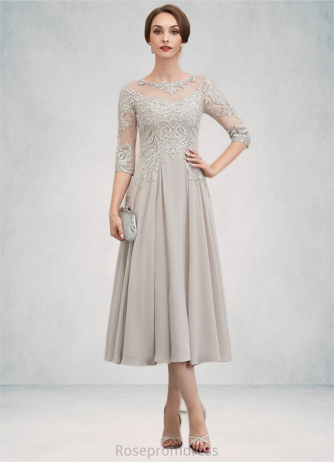 Alice A-Line Scoop Neck Tea-Length Chiffon Lace Mother of the Bride Dress With Beading Sequins SRSP0014535
