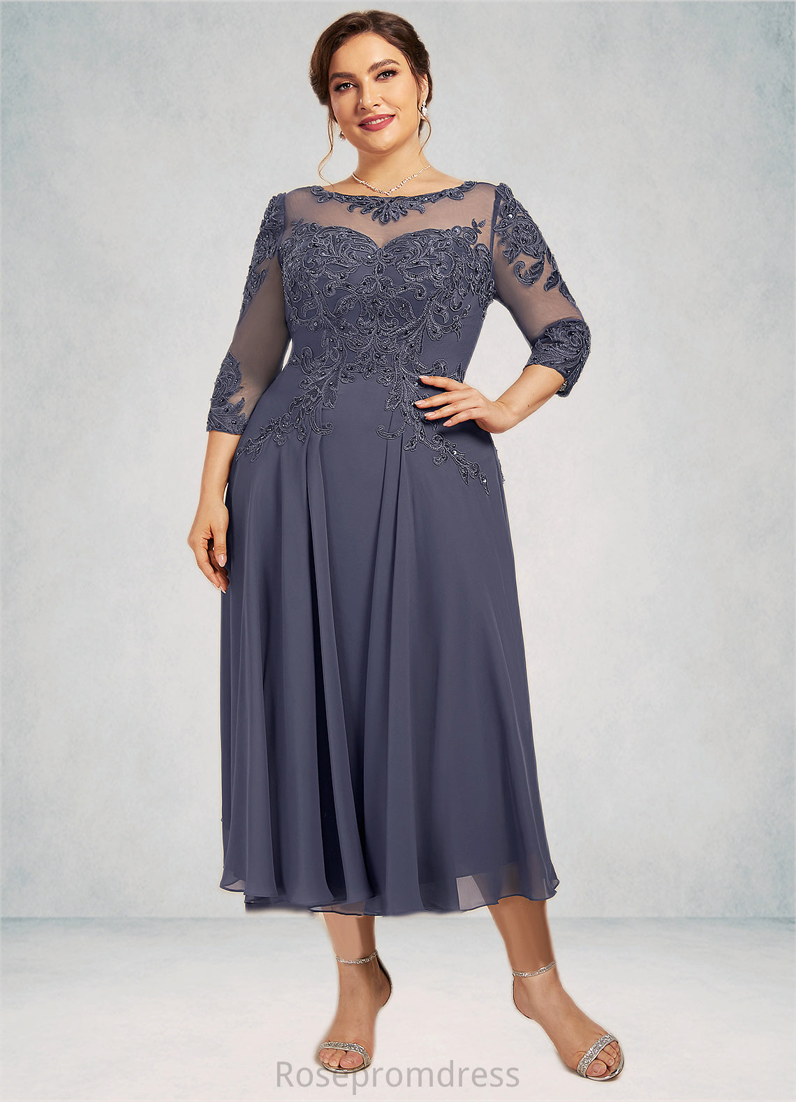 Alice A-Line Scoop Neck Tea-Length Chiffon Lace Mother of the Bride Dress With Beading Sequins SRSP0014535