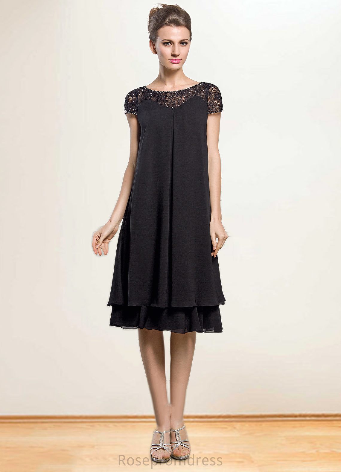 Priscilla Empire Scoop Neck Knee-Length Chiffon Mother of the Bride Dress With Beading Sequins SRSP0014537