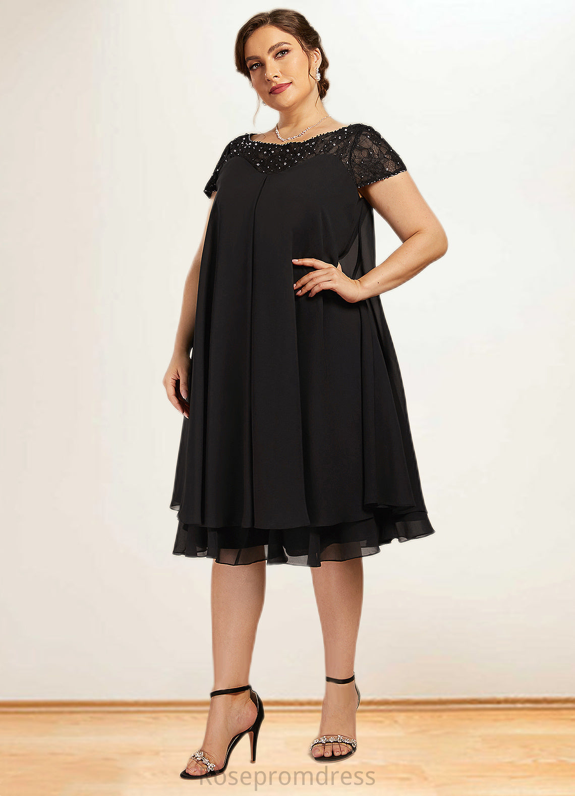 Priscilla Empire Scoop Neck Knee-Length Chiffon Mother of the Bride Dress With Beading Sequins SRSP0014537
