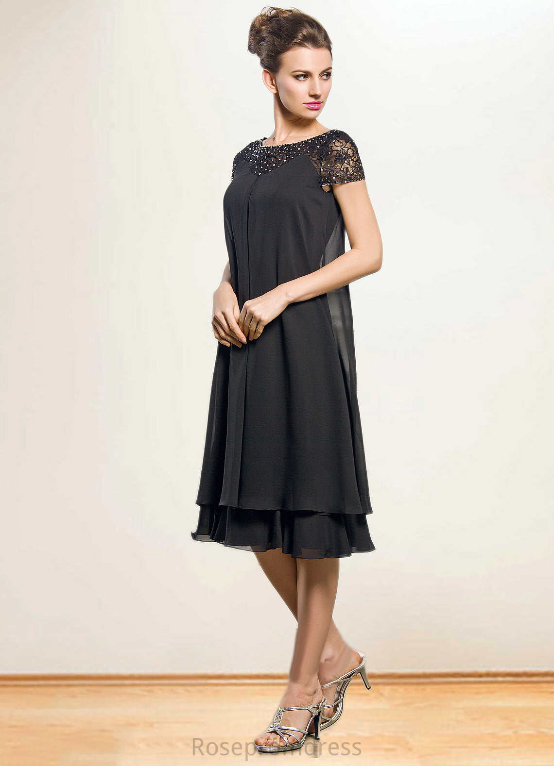 Priscilla Empire Scoop Neck Knee-Length Chiffon Mother of the Bride Dress With Beading Sequins SRSP0014537