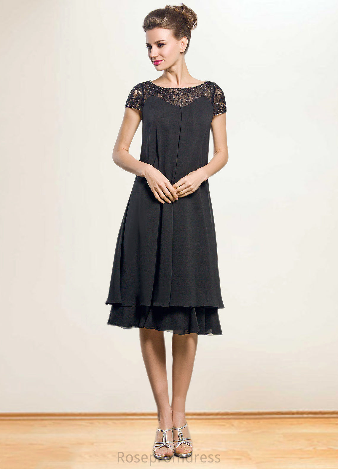 Priscilla Empire Scoop Neck Knee-Length Chiffon Mother of the Bride Dress With Beading Sequins SRSP0014537