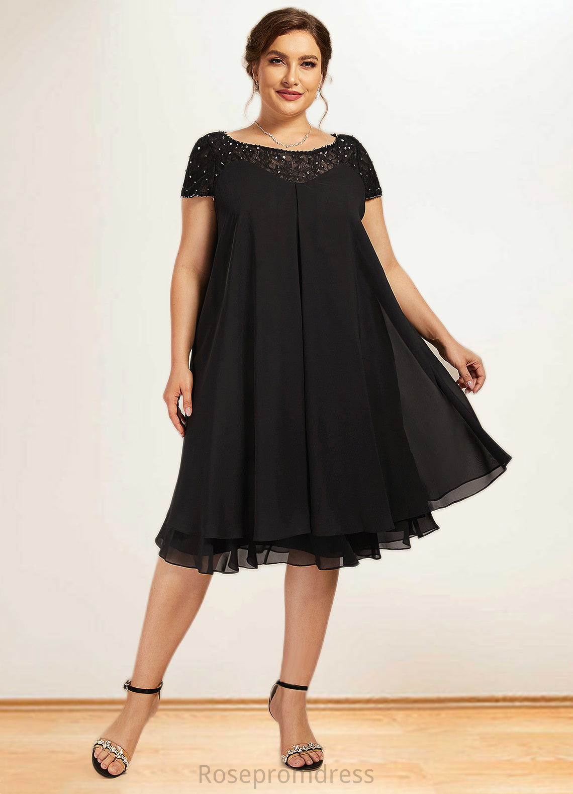 Priscilla Empire Scoop Neck Knee-Length Chiffon Mother of the Bride Dress With Beading Sequins SRSP0014537