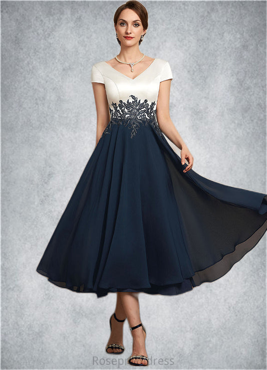 Cristal A-Line V-neck Tea-Length Chiffon Lace Mother of the Bride Dress SRSP0014539