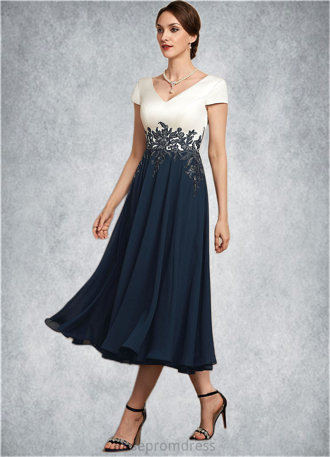Cristal A-Line V-neck Tea-Length Chiffon Lace Mother of the Bride Dress SRSP0014539
