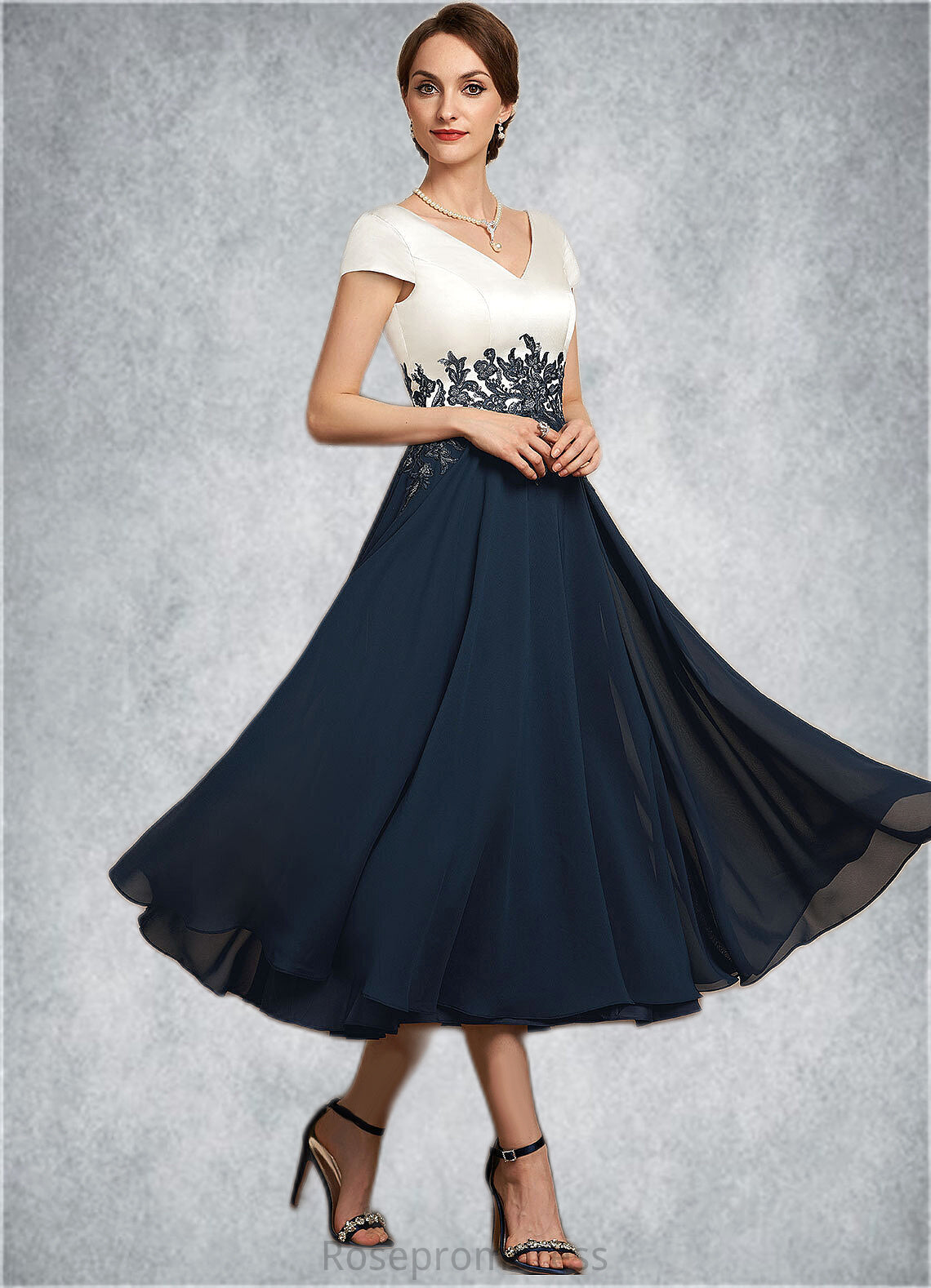 Cristal A-Line V-neck Tea-Length Chiffon Lace Mother of the Bride Dress SRSP0014539